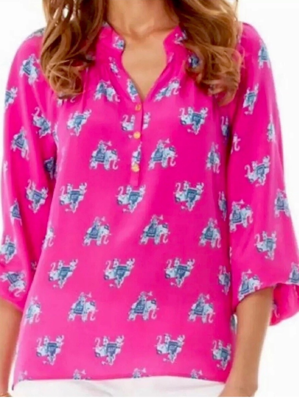 Lily Pulitzer 100% Silk Elsa Top with Elephant Printed Split-Neck Blouse